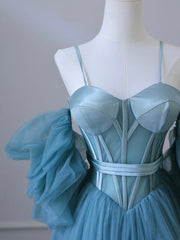A-Line Sweetheart Neck Tulle Blue Long Prom Dress, Blue Long Formal Dress