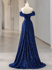 Simple Off Shoulder Sequin Blue Long prom Dress, Blue Sequin Long Evening Dress