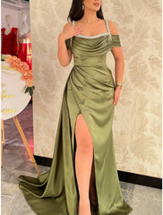 A-Line Evening Gown Elegant Dress Formal Court Train Short Christmas Red Green Dress Sleeve Square Neck Satin with Pleats Ruched Crystals