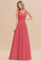 Modest Floral Lace A-line Bridesmaid Dress V-Neck Ruched Chiffon Wedding Guest Dress
