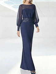 Sheath / Column Mother of the Bride Dress Wedding Guest Elegant Jewel Neck Floor Length Chiffon Sequined Long Sleeve with Sash / Ribbon