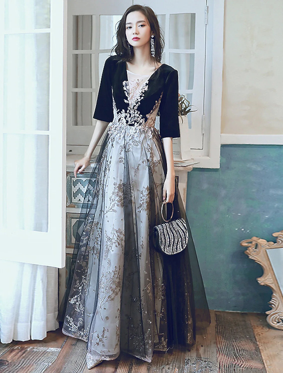 A-Line Evening Gown Glittering Dress Wedding Guest Party Wear Floor Length Half Sleeve Illusion Neck Velvet with Sequin Appliques