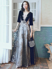 A-Line Evening Gown Glittering Dress Wedding Guest Party Wear Floor Length Half Sleeve Illusion Neck Velvet with Sequin Appliques