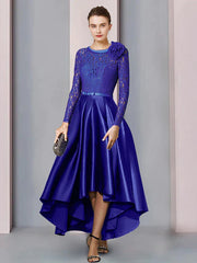DingjiA-Line Mother of the Bride Dress Formal Church Elegant High Low Scoop Neck Tea Length Satin Lace Long Sleeve with Sash / Ribbon Bow(s) Flower