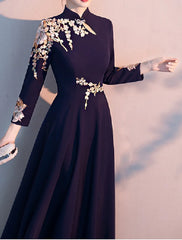 A-Line Mother of the Bride Dress Elegant Simple High Neck Floor Length Stretch Fabric Long Sleeve with Pleats Appliques