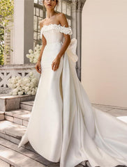 Wholesale Beach Formal Wedding Dresses Two Piece Square Neck Sleeveless Sweep / Brush Train Taffeta Bridal Gowns With Bow(s) Solid Color