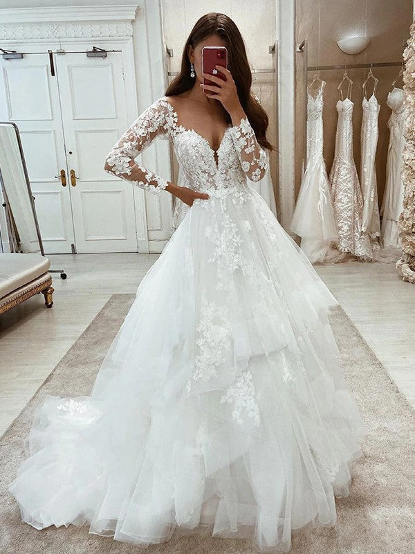 Wholesale A-Line/Princess Tulle Lace V-neck Long Sleeves Sweep/Brush Train Wedding Dresses