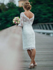 Wholesale Sheath/Column Lace Scoop Long Sleeves Knee-Length Wedding Dresses