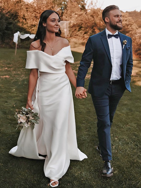 Wholesale Sheath/Column Charmeuse Ruffles Off-the-Shoulder Short Sleeves Sweep/Brush Train Wedding Dresses