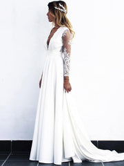Wholesale A-Line/Princess Stretch Crepe Lace V-neck Long Sleeves Sweep/Brush Train Wedding Dresses
