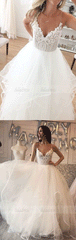 Charming A-Line V-Neck White Tulle Long Prom/Wedding Dress with Lace Appliques
