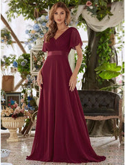 A-Line Evening Gown Empire Dress Wedding Guest Formal Evening Floor Length Short Sleeve V Neck Bridesmaid Dress Chiffon V Back with Ruffles Pure Color