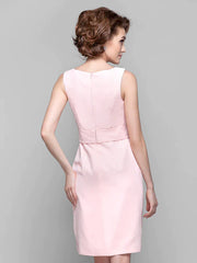 Sheath / Column Mother of the Bride Dress Jewel Neck Knee Length Chiffon Sleeveless with Crystals Beading Ruffles