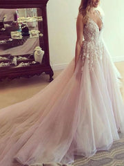 Wedding Dress 2021 Deep V Neck Sleeveless Lace Flora Floor Length Tulle Bridal Gowns