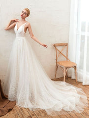 Wedding Dress 2021 V Neck A Line Floor Length Lace Appliqued Tulle Bridal Gowns