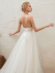 Wedding Dress 2021 V Neck A Line Floor Length Lace Appliqued Tulle Bridal Gowns
