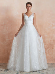 Wedding Dress A Line V Neck Sleeveless Floor Length Bridal Gowns With Train