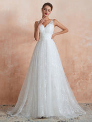 Wedding Dress A Line V Neck Sleeveless Floor Length Bridal Gowns With Train