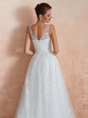 Wedding Dress A Line V Neck Sleeveless Floor Length Bridal Gowns With Train