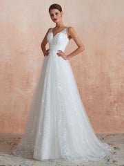 Wedding Dress A Line V Neck Sleeveless Floor Length Bridal Gowns With Train
