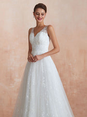 Wedding Dress A Line V Neck Sleeveless Floor Length Bridal Gowns With Train