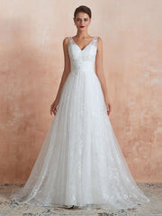 Wedding Dress A Line V Neck Sleeveless Floor Length Bridal Gowns With Train
