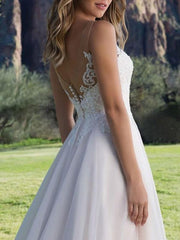 Wedding Dress A Line V Neck Sleeveless Lace Beach Party Bridal Gowns With Train