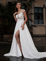 Wedding Dress Beach A-Line Silhouette Jewel Neck Lace Bodice Chiffon Wedding Gown
