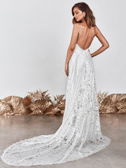 Wedding Dress Ivory V-Neck Backless Sleevelesslace Bridal Gowns With Train