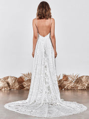 Wedding Dress Ivory V-Neck Backless Sleevelesslace Bridal Gowns With Train