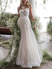 Wedding Dress Jewel Neck A Line Sleeveless Flowers Floorlength Backless Bridal Gowns