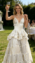 Retro V Neck Straps A-Line Lace Ruffles Vintage Wedding Dress Evening Dress, HZ0319