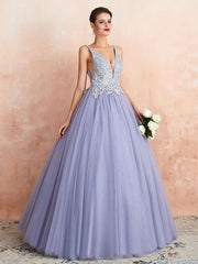 Wedding Dress Princess A Line Floor Length V Neck Sleeveless Raised Waist Lace Tulle Bridal Gowns