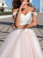 Wedding Dress Princess Silhouette Court Train Off The Shoulder Sleeveless Natural Waist Lace Tulle Bridal Gowns