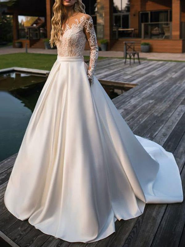 Jewel Neck Long Sleeves Wedding Dress Lace Satin Aline Bridal Dresses with Pockets