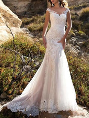 Wedding Dress V Neck Mermaid Sleeveless Lace Embellishment Classic Bridal Gowns With Train