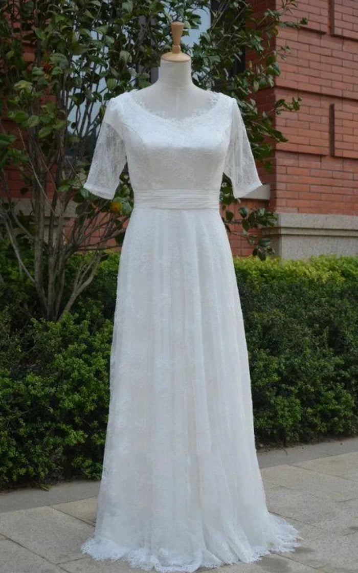 Half Illusion Sleeve A-Line Lace Appliques Pleated Wedding Dress