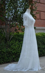 Half Illusion Sleeve A-Line Lace Appliques Pleated Wedding Dress