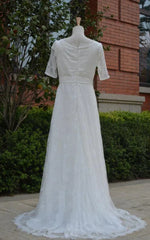 Half Illusion Sleeve A-Line Lace Appliques Pleated Wedding Dress