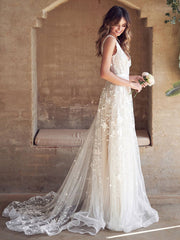 Wedding Dress With Train A Line Sleeveless Lace V Neck Bridal Gowns