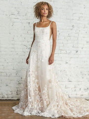 Wedding Dress With Train A Line Sleeveless Square Neck Lace Bridal Gowns