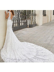 Mermaid  Wedding Dress With Train Sleeveless Lace V Neck Long Bridal Gowns