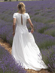Wedding Dress With Train V Neck Short Sleeves Buttons Floor Length Bridal Dresses