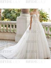 Wedding Dress With Train V Neck Sleeveless Off Shoulder Lace Tulle Bridal Dresses