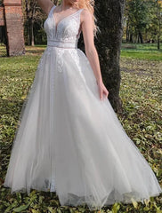 Sleeveless A-Line Lace Wedding Dress With V-neck And Low-V Back