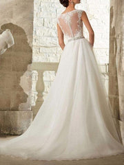 Wedding Dresses 2021 A Line Beaded Jewel Neck Sleeveless Floor Length Tulle Traditional Bridal Dress With Train