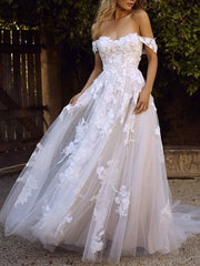 Short Sleeve A Line Wedding Dresses Off The Shoulde  Lace Appliqued Tulle Bridal Gown With Train