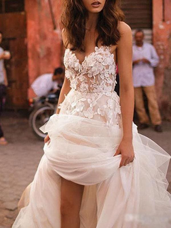 A Line Wedding Dresses Sleeveless Floor Length Beaded Sweetheart Bridal Gowns