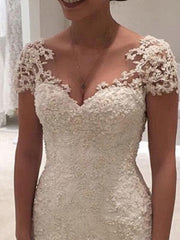 Wedding Dresses V Neck Short Sleeve Sheath Deep V Backless Lace Beaded Bridal Gowns With Train