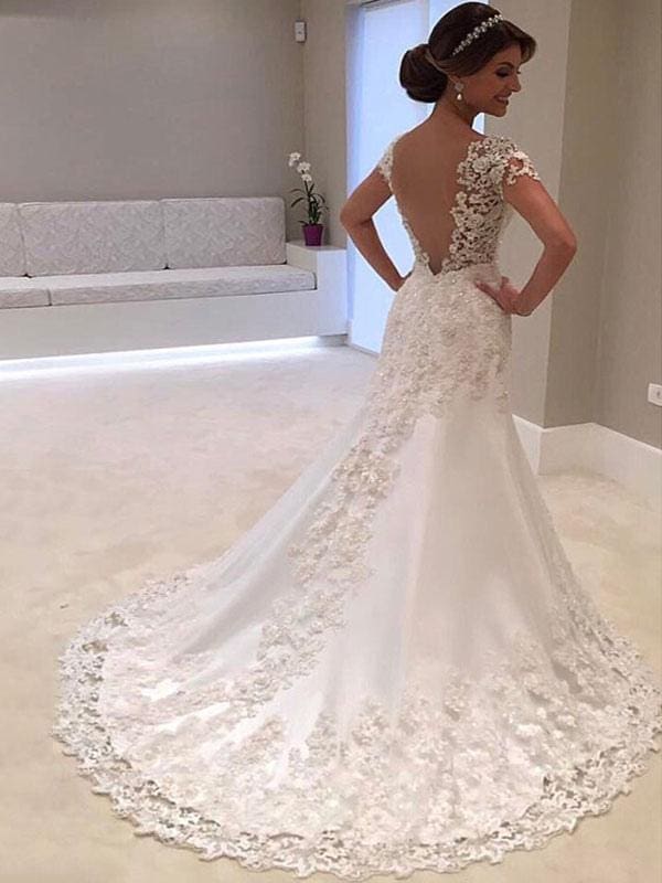 Wedding Dresses V Neck Short Sleeve Sheath Deep V Backless Lace Beaded Bridal Gowns With Train